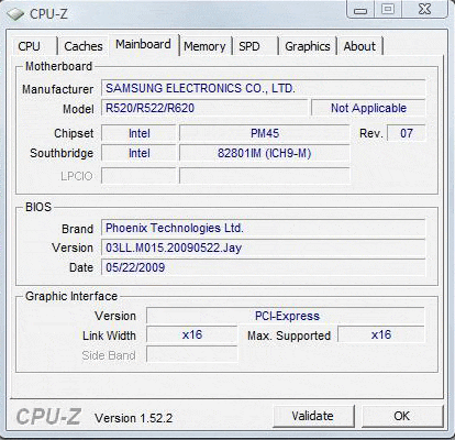 Samsung R522, скриншот программы CPU Z, вкладка Mainboard