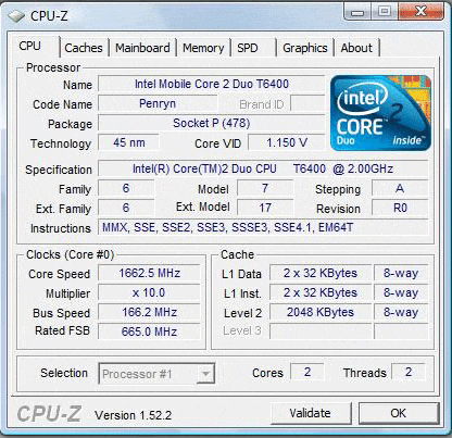 Samsung R522, скриншот программы CPU Z, вкладка CPU