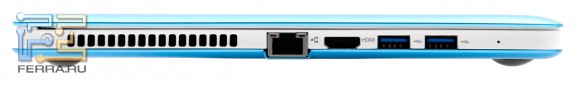 Левый торец Lenovo IdeaPad U310: RJ-45, HDMI, два USB 3.0