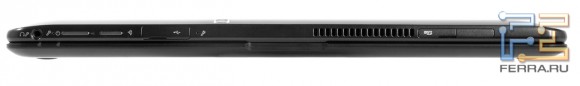 Передний торец Samsung ATIV Smart PC Pro 700T1C-A02: 3,5 мм миниджек, кнопка включения, кнопка блокировки смены ориентации экрана, USB, слоты для карт microSD и SIM