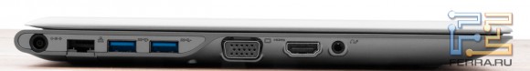 Левый торец Samsung 530U4B: разъем питания, RJ-45, два USB 3.0, D-SUB, HDMI, аудио разъем