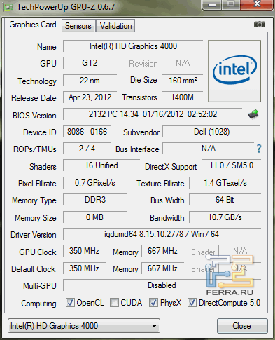 Характеристики Intel HD Graphics 4000