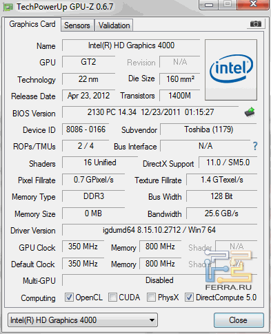 Характеристики встроенного видеоядра Intel HD Graphics 4000