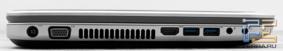 Левый торец Dell Inspiron 7520: разъем питания, D-SUB, HDMI, два USB, аудио разъемы
