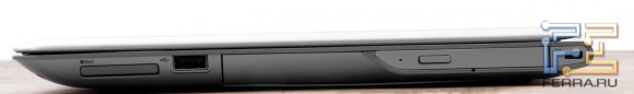Правый торец Samsung 530U4B: Kensington Lock, USB, оптический привод, карт-ридер