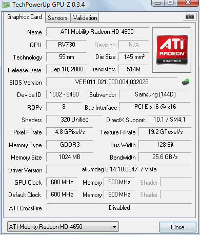 скриншот программы GPU Z, мобильная версия Radeon HD 4650f