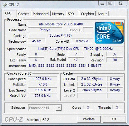 Samsung R522, скриншот программы CPU Z, вкладка CPU