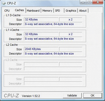 Samsung R522, скриншот программы CPU Z, вкладка Caches