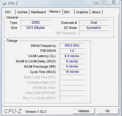 Samsung R522, скриншот программы CPU Z, вкладка Memory