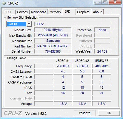 Samsung R522, скриншот программы CPU Z, вкладка SPD