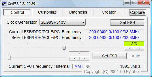 Samsung R522, скриншот программы SetFSB 2.2.120.89