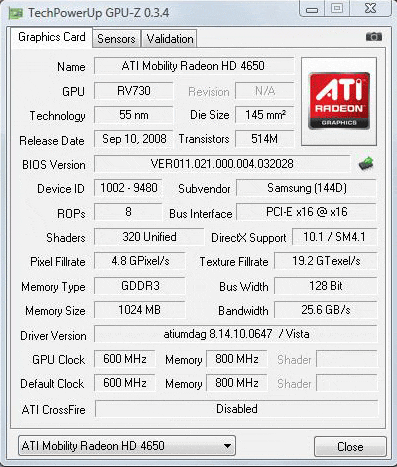 Samsung R522, дискретная графика ATI Mobility Radeon HD 4650, скриншот программы GPU Z
