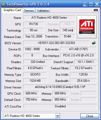 скриншот программы GPU Z, настольная версия Radeon HD 4650