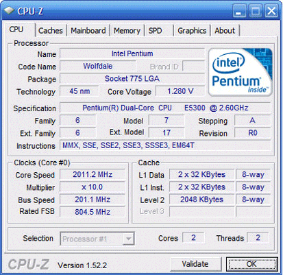 процессор Intel Pentium Dual Core E5300, скриншот программы CPU Z, вкладка CPU