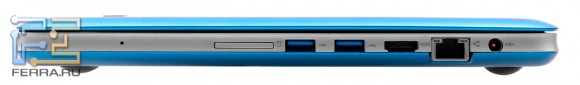 Правый торец Lenovo IdeaPad U410: карт-ридер, два USB 3.0, HDMI, RJ-45, разъем питания