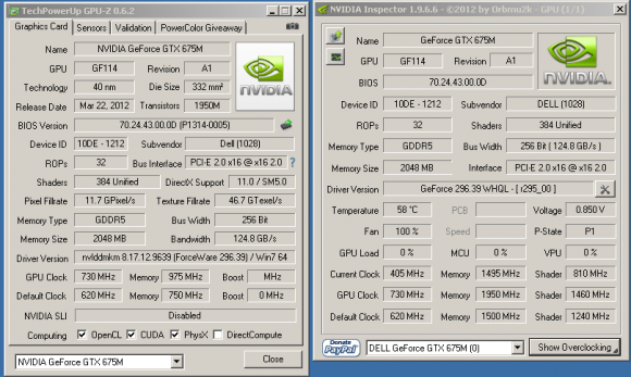 Характеристики видеокарты NVIDIA GTX 675M в разгоне