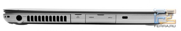 Левый торец Dell Inspiron 5423: разъем питания, RJ-45, HDMI, USB 3.0, Kensington Lock
