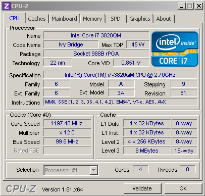 Характеристики процессора Core i7 3820QM