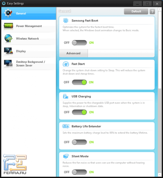 Приложение Easy Settings на Samsung 530U4B. Вкладка General
