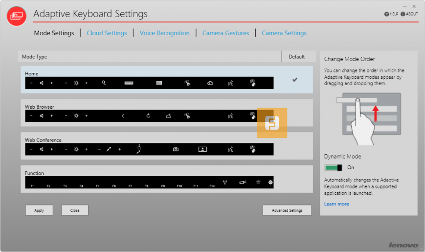 Настройки сенсорной панели в приложении Lenovo Adaptive Keyboard