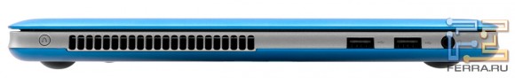 Левый торец Lenovo IdeaPad U410: кнопка OneKey Recovery, два USB, аудио разъем